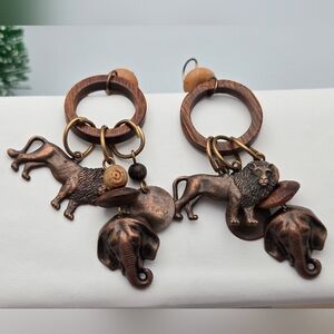 ✨2/$10✨ Lion & Elephant Earrings w/ Oxidized Copper Finish Boho Wood Dangle